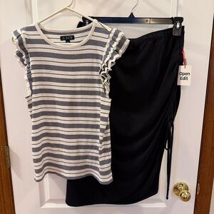 SET! J.Crew Striped Flutter Tee + Open Edit NWT Black Vacation Skirt W/Side Tie
